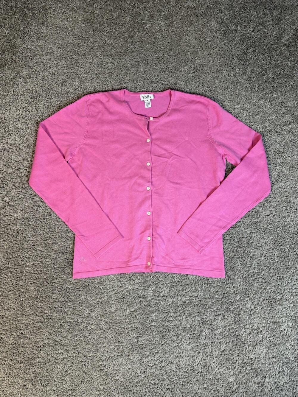 Vintage Lilly Pulitzer Cardigan Sweater Womens M Pink Embroidered Palm Knit